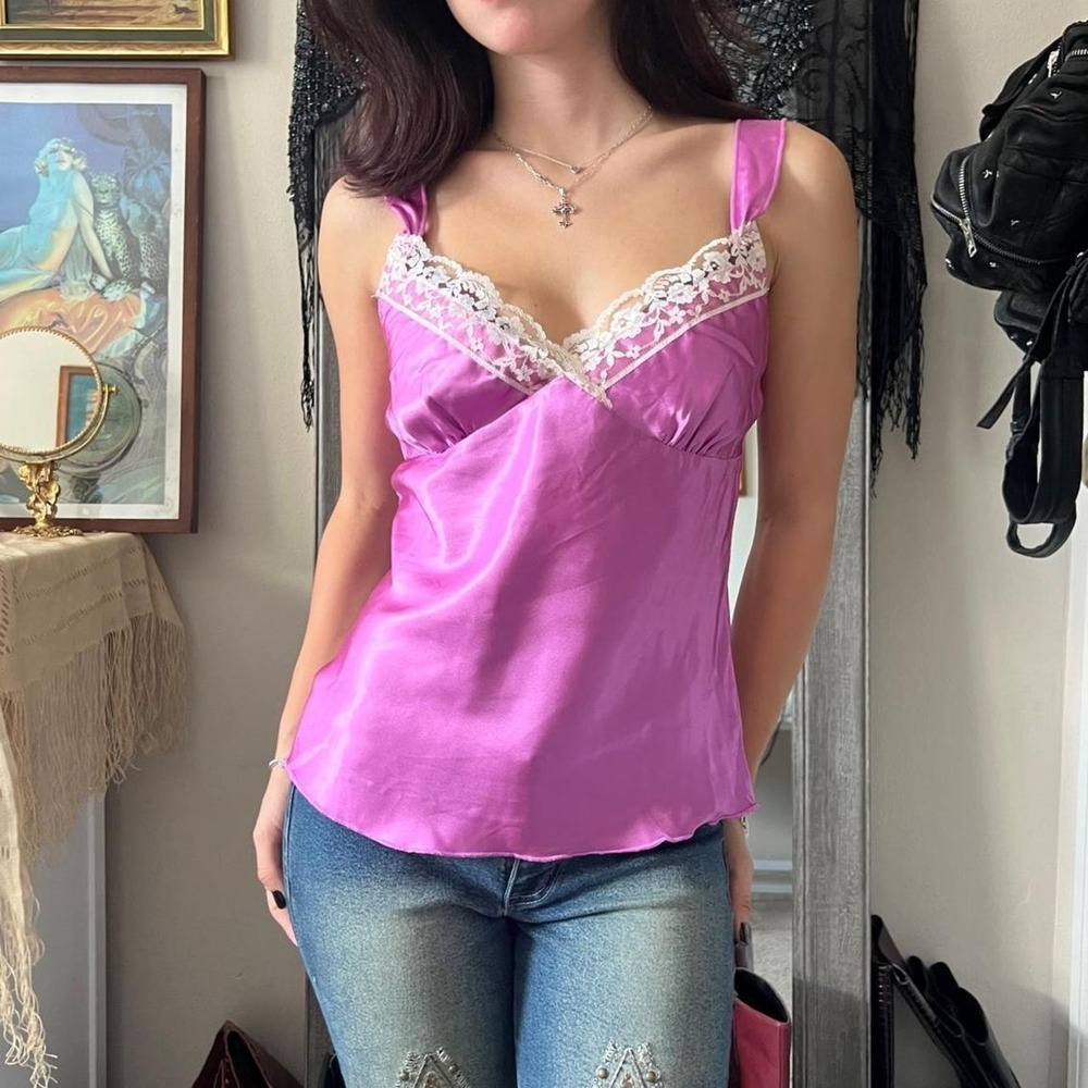 90265 Y2K Purple Lace Cami Tank Top White Trim Fairycore Boho Small